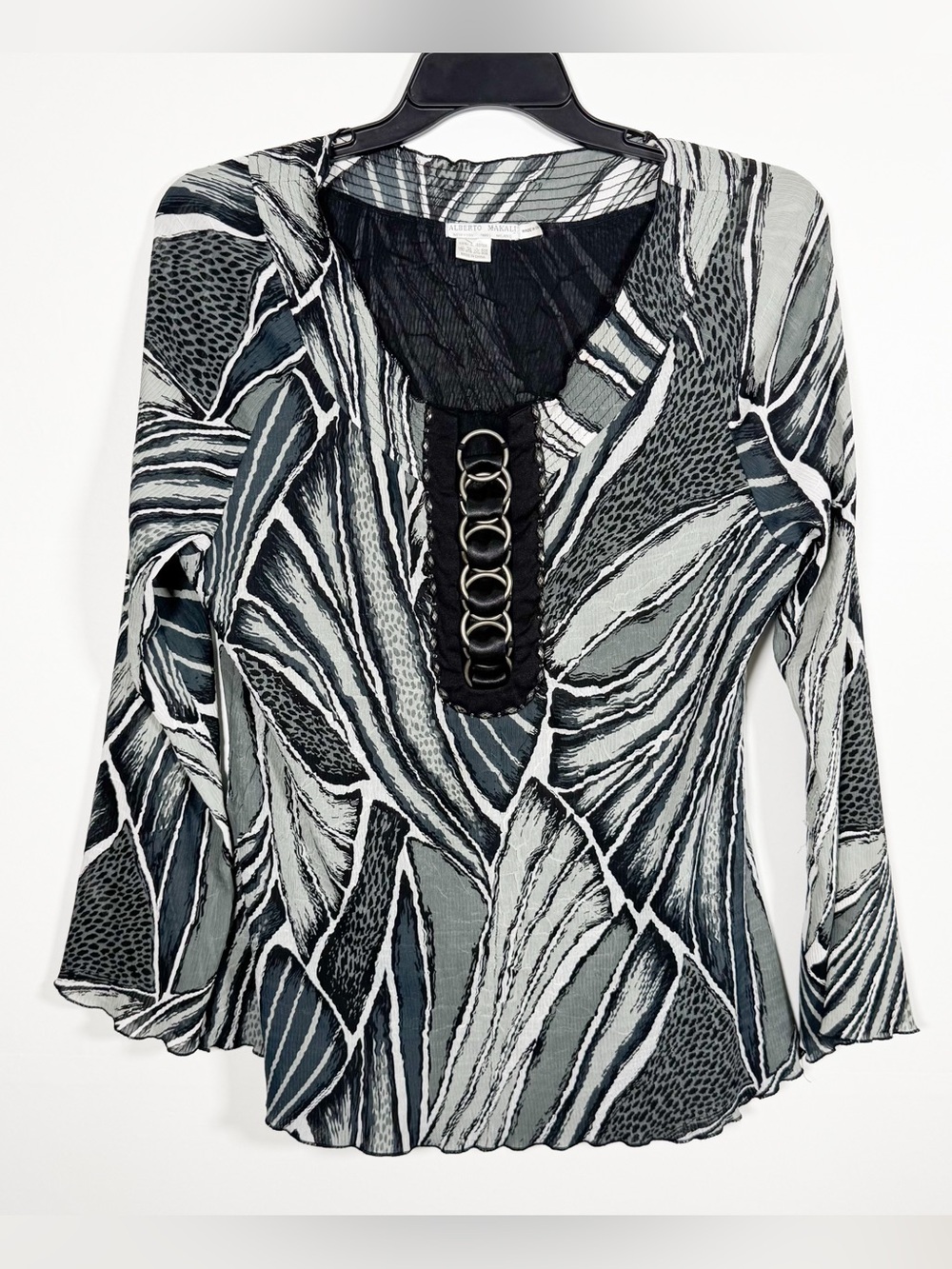 ALBERTO MAKALI Abstract Print Scalloped Hem Top Metal Ring Detail Sz M